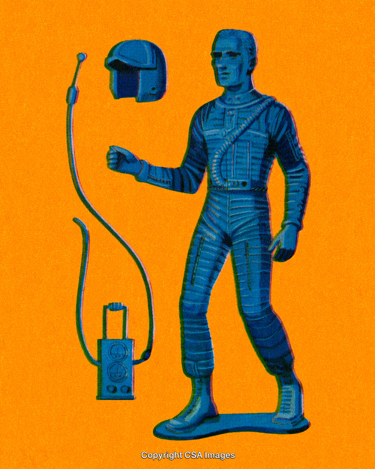 Retro Astronaut Figure with Detachable Accessories on Vibrant Orange Background