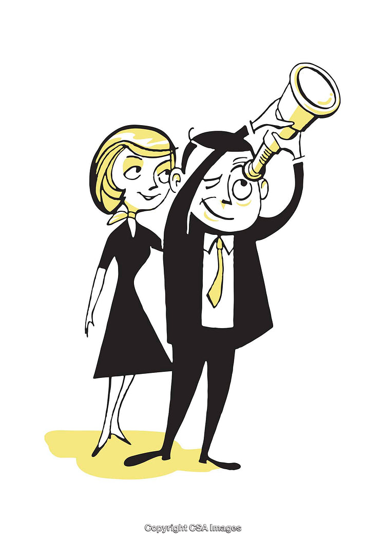 Cartoon Business Peers Collaborating with a Telescope for Visionary Goals
