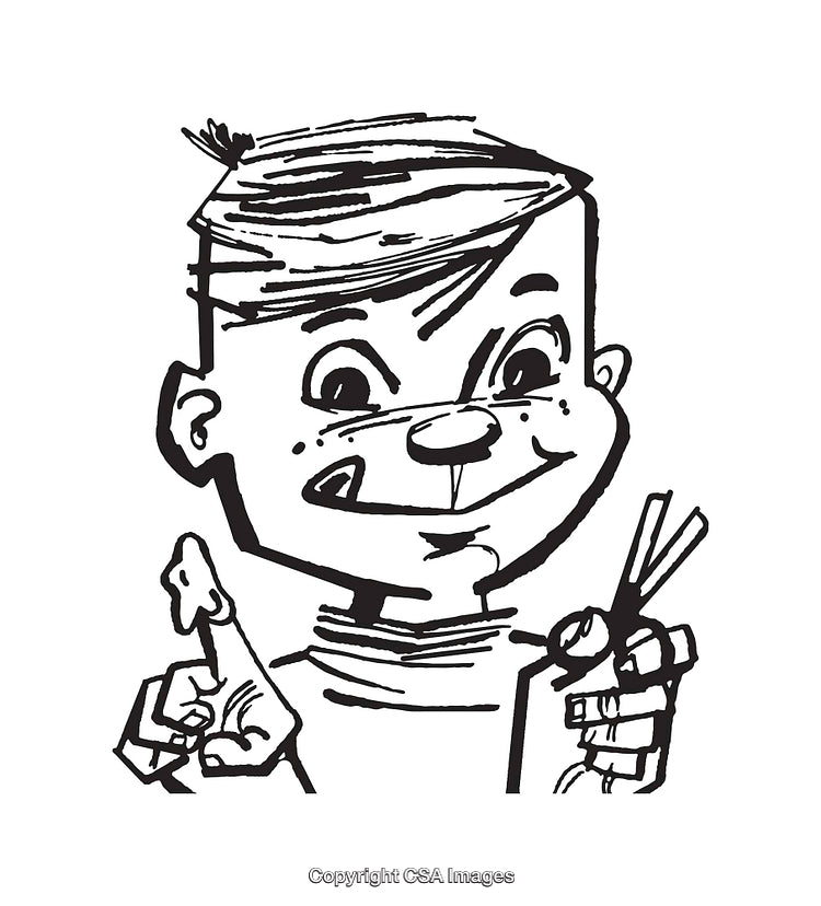 Black and White Cartoon Illustration of a Happy Child Holding Scissors and Glue