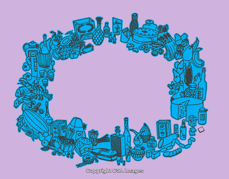 Colorful Line Art Illustration of Food and Beverage Assortment in Circular Layout