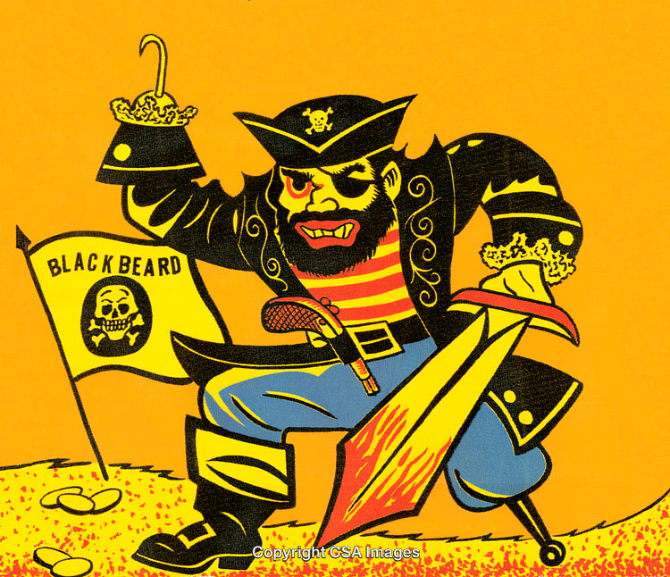 Colorful Illustration of Pirate Blackbeard Holding Sword and Flag