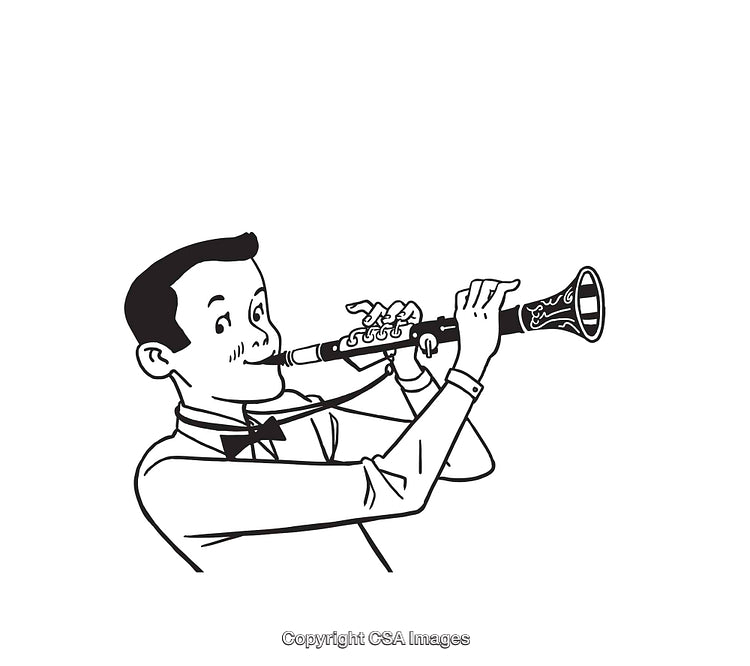 Black and White Drawing of a Man Playing the Clarinet