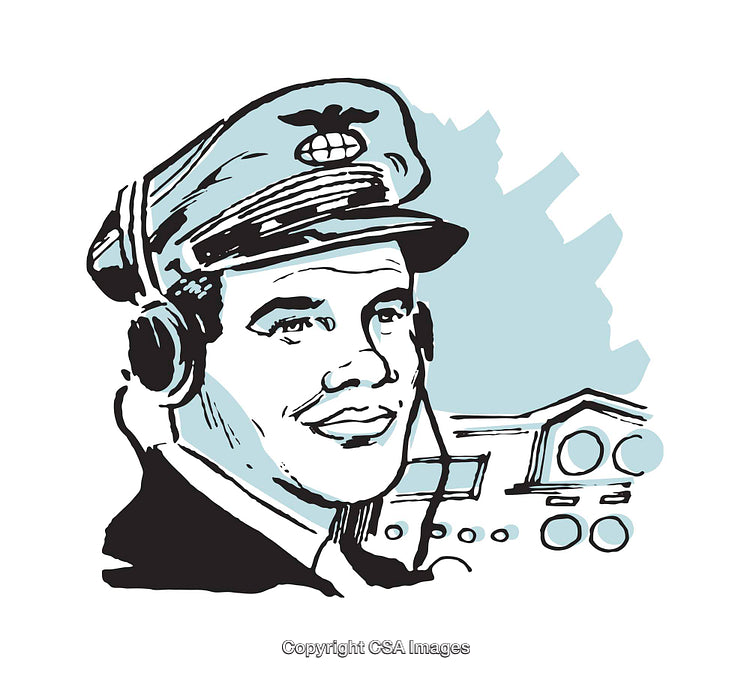 Vintage Illustration of a Pilot With Headset and Airplane Graphics in Blue