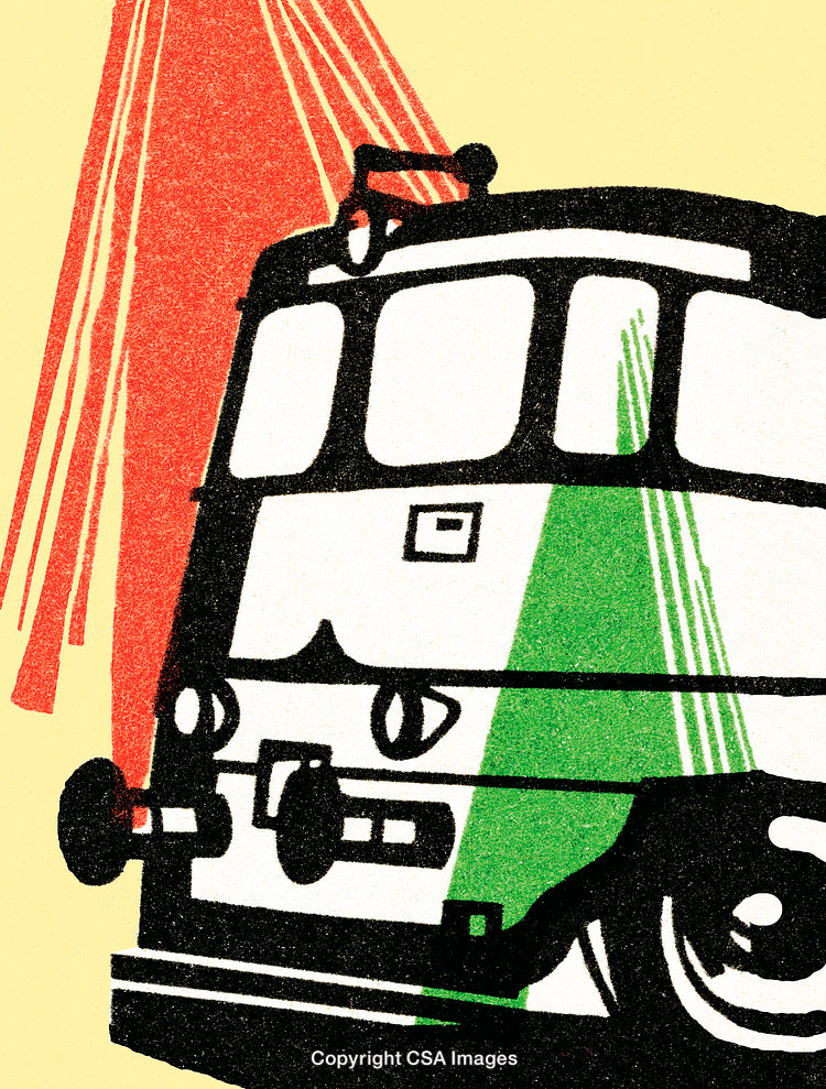 Retro-Styled Train Illustration With Bright Colors and Unique Artistic Details
