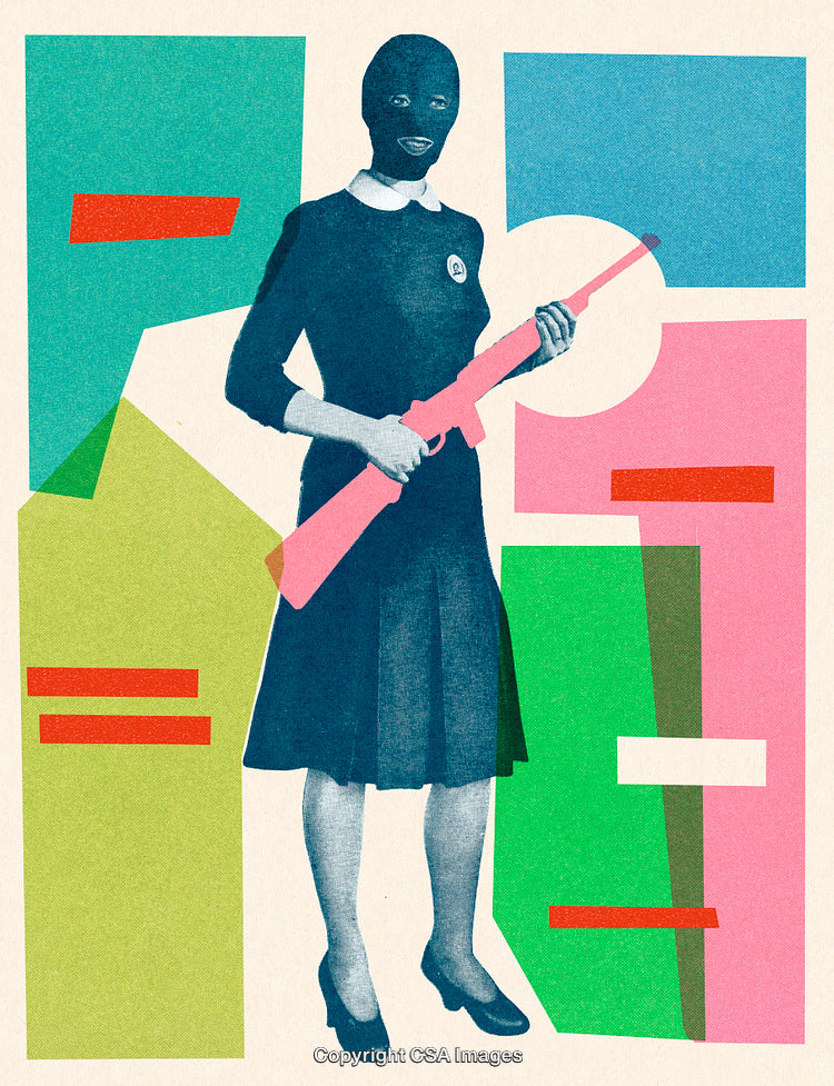 Abstract Collage of Woman Holding Rifle Featuring Bold Colors and Shapes