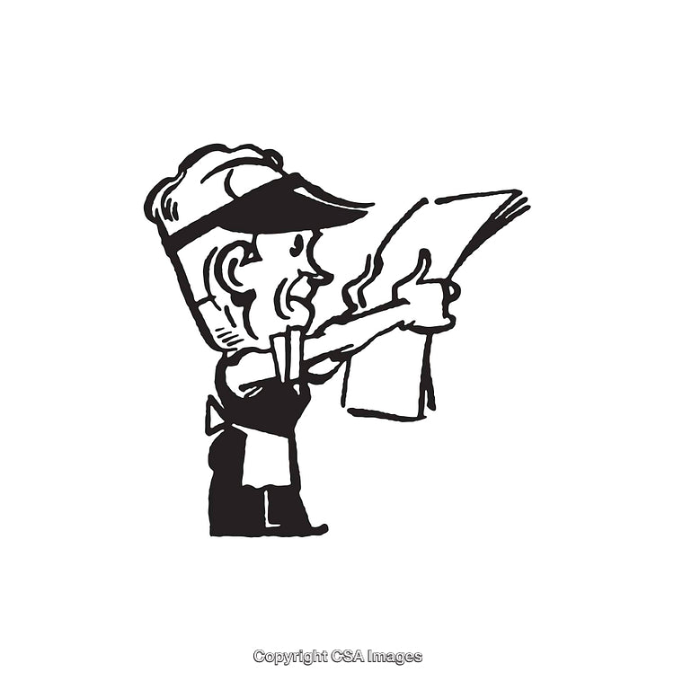 Black And White Cartoon of a Newspaper Boy Delivering Papers