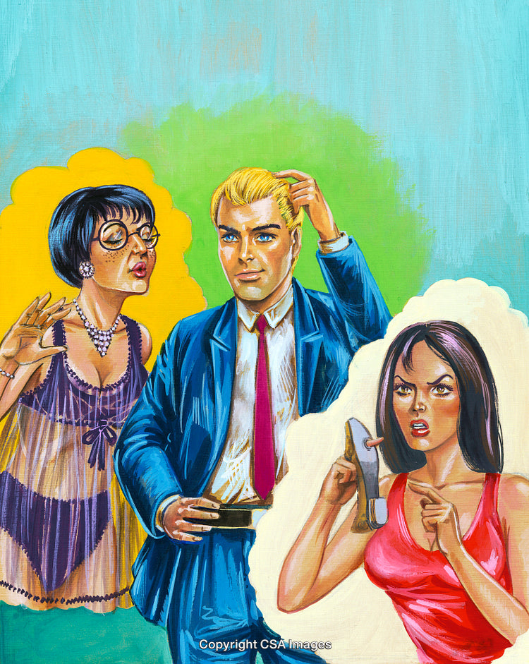 Colorful Illustration Depicting Drama Between Three Individuals in a Retro Style