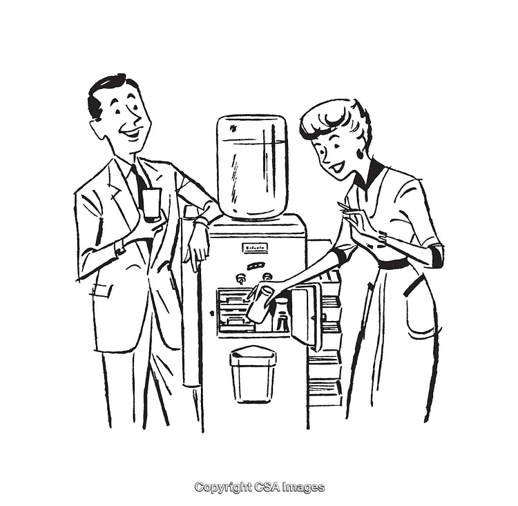Retro Workplace Illustration Featuring Colleagues Interacting at a Water Cooler