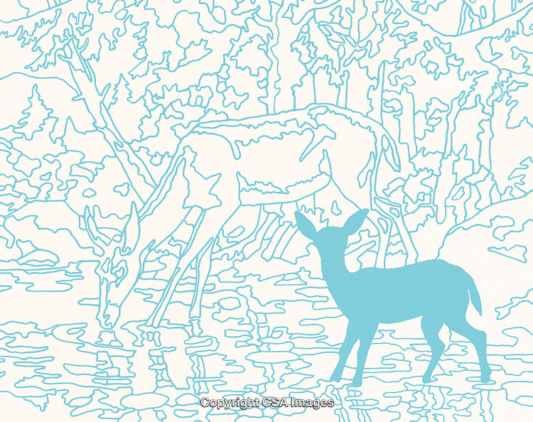 Outline Of Woodland Scene with Deer Silhouettes and Intricate Details