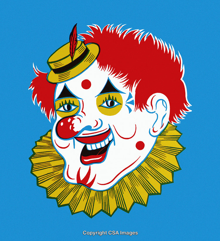 Vibrant Illustrated Clown with Hat and Colorful Face Design on Blue Background
