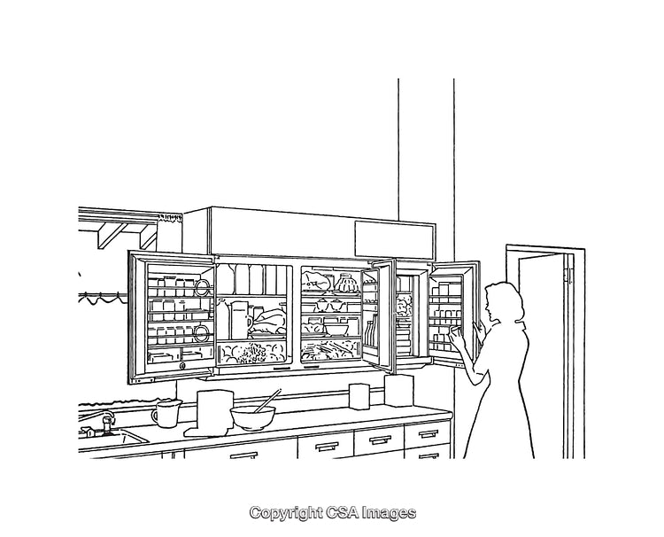 Black and White Line Art of Woman Observing Organized Refrigerator