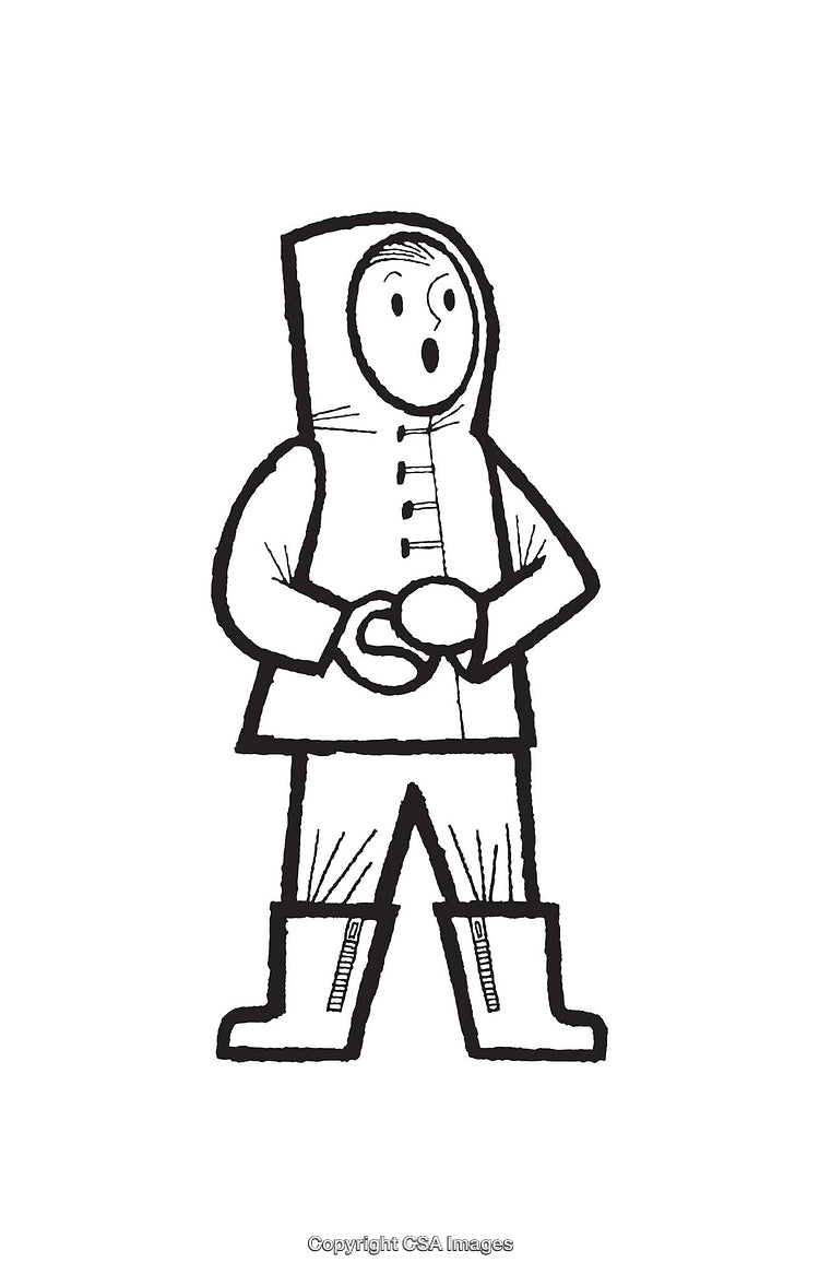 Black and White Line Art of a Character in Cold Weather Clothing