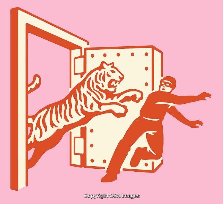 Surreal Illustration of Escaping Tiger with Masked Figure in Bold Colors
