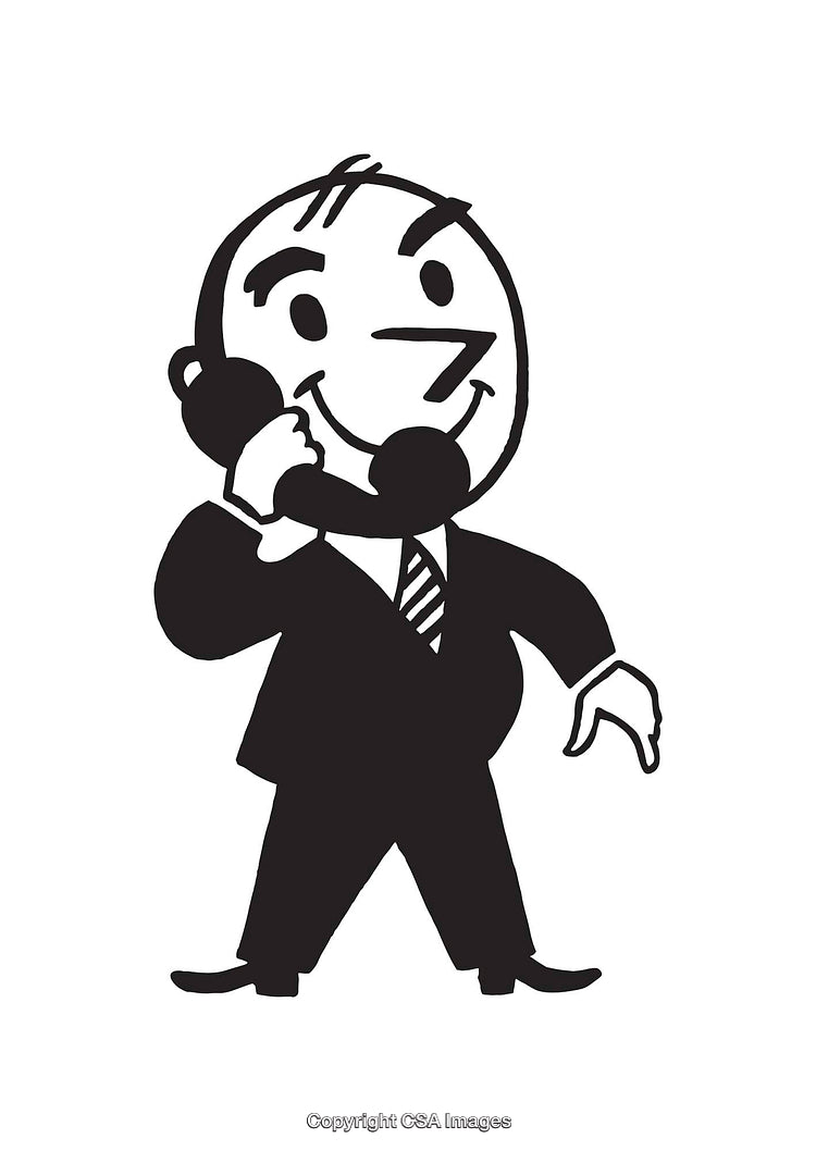 Retro Cartoon Character Talking on a Telephone in Black and White Line Art