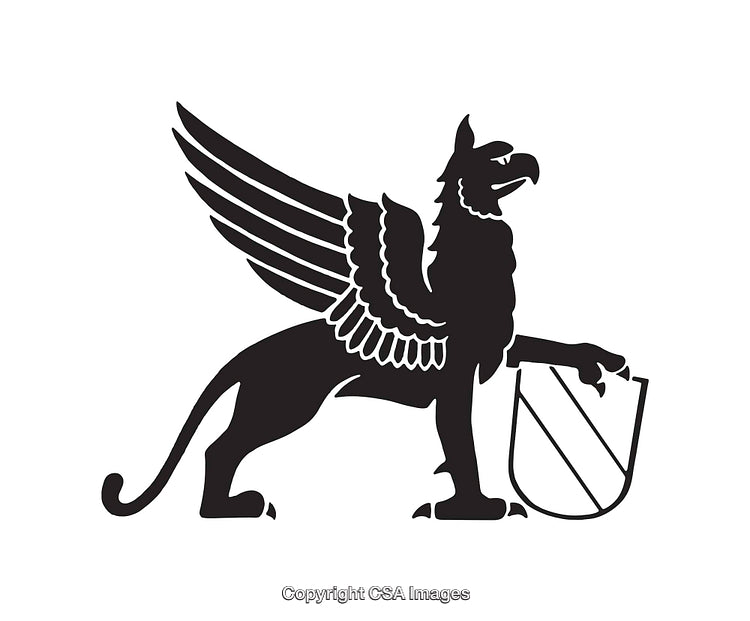 Black and White Griffin Line Art Illustration with Shield