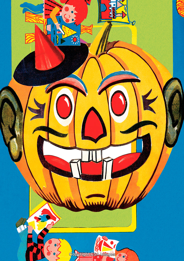 Colorful Halloween-Themed Artwork Featuring Pumpkin Character and Children Illustrations