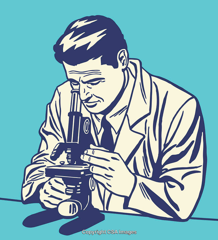 Scientist Examining Specimen Using Microscope in Line Art Illustration