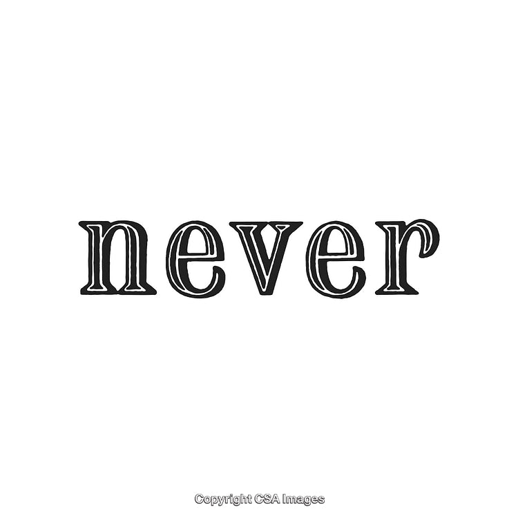 Minimalistic Black Serif Typography Art of the Word 'Never' on a White Background