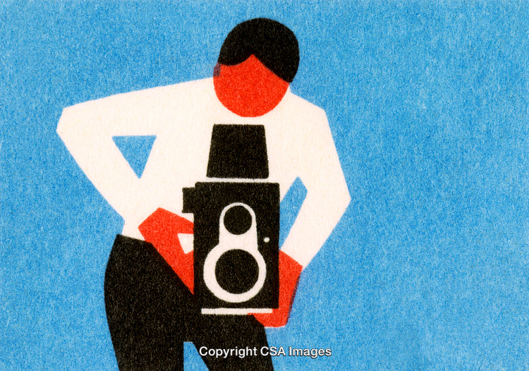 Illustration of a Photographer with Vintage Camera on a Bright Blue Background