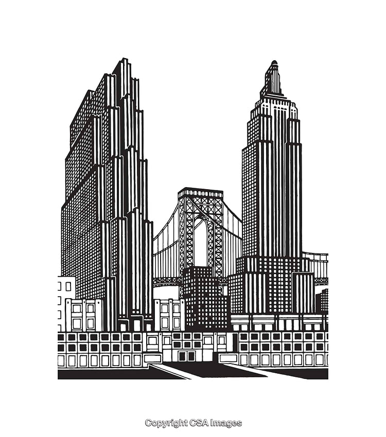 Black and White Line Art of Urban Skyline With Bridge