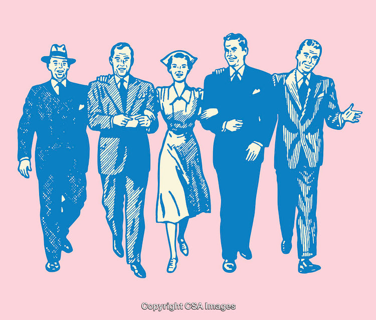 Retro Style Group of People Walking Together in Line Art Illustration