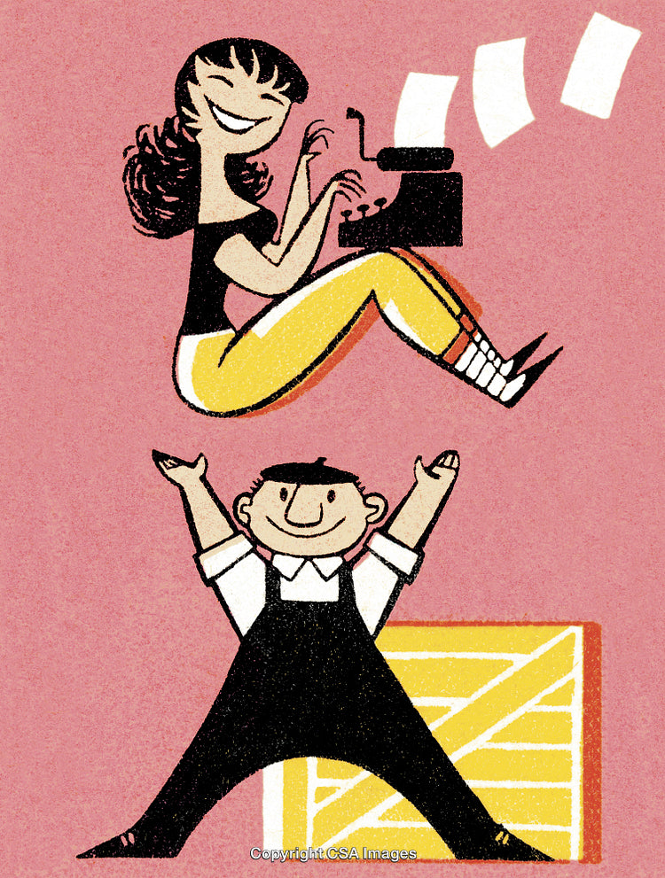 Playful Cartoon Illustration of a Typing Girl and Joyful Boy on a Crate