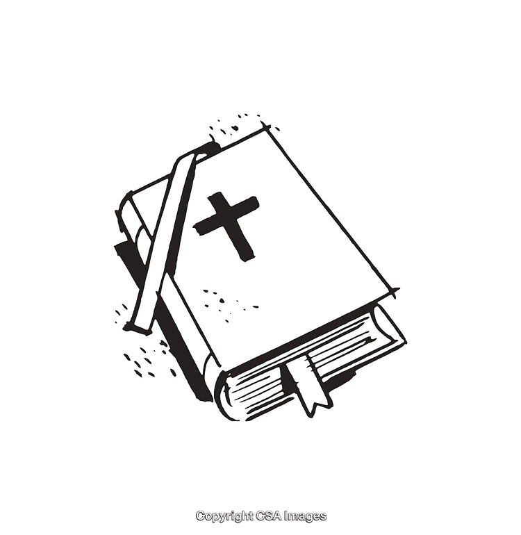 Black And White Line Art of a Bible with a Cross Design