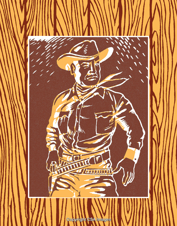 Stylized Cowboy Illustration on a Woodgrain Background in Vintage Style Design