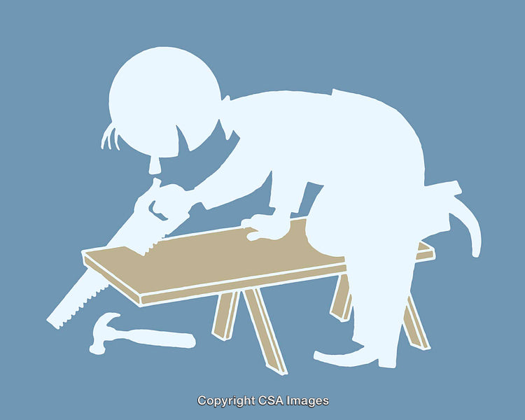 Silhouette of a Carpenter Using a Saw on Wooden Plank