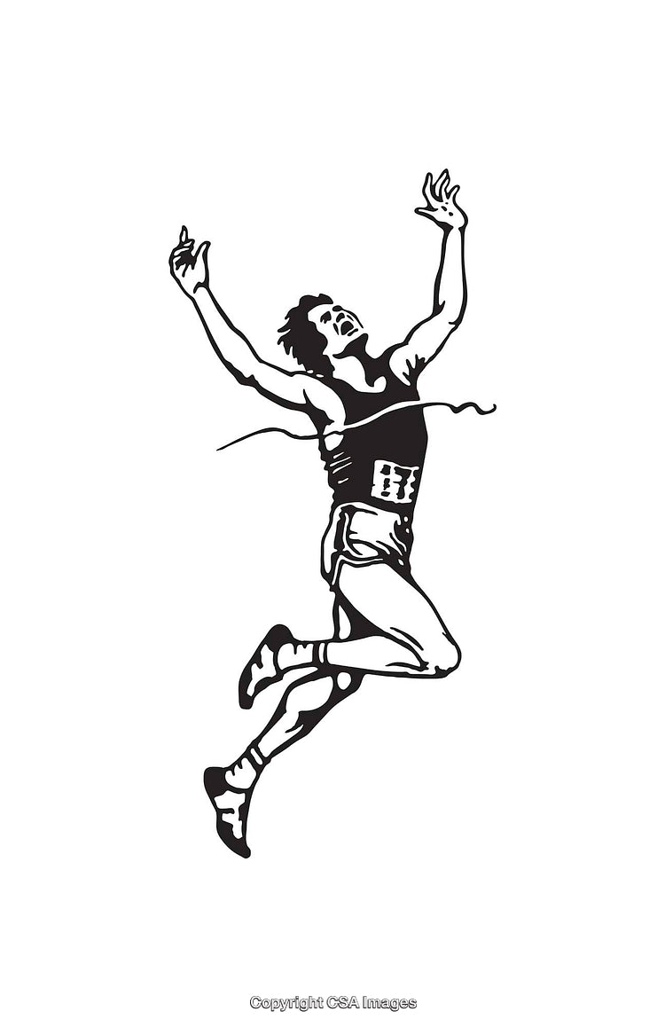 Black and White Line Art of a Runner Crossing the Finish Line