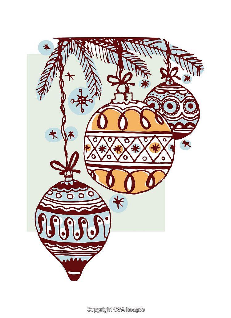 Colorful Hand-Drawn Christmas Decorations With Ornaments on Evergreen Branch
