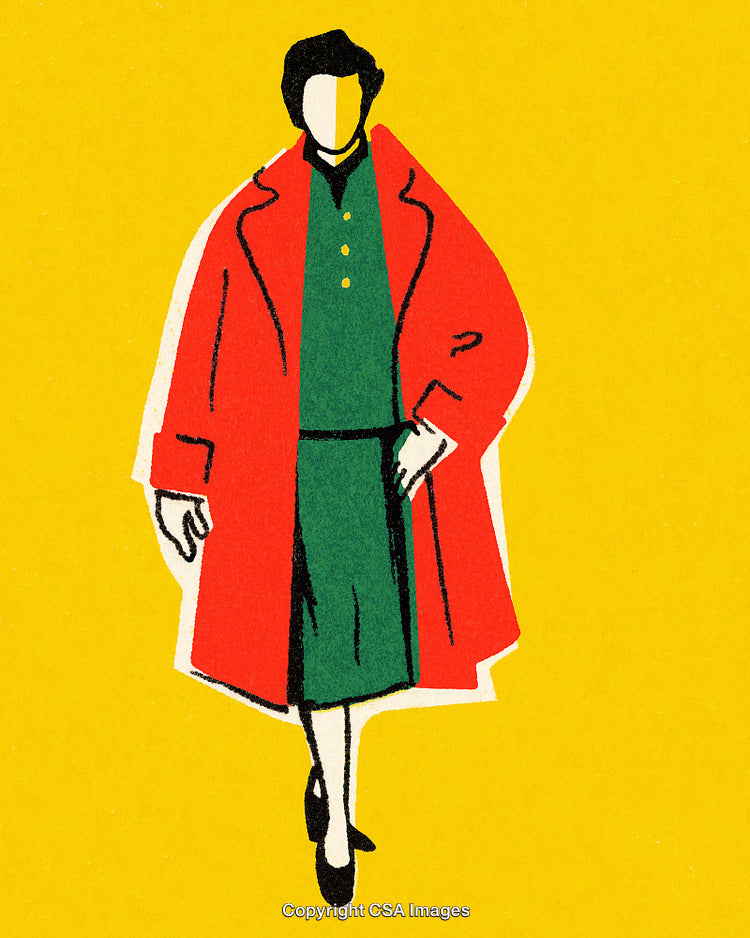 Abstract Fashion Illustration of Woman Standing in Red Coat on Yellow Background