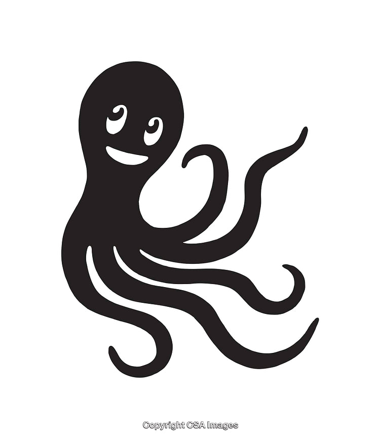 Black and White Smiling Octopus Graphic with Curvy Tentacles and Happy Expression