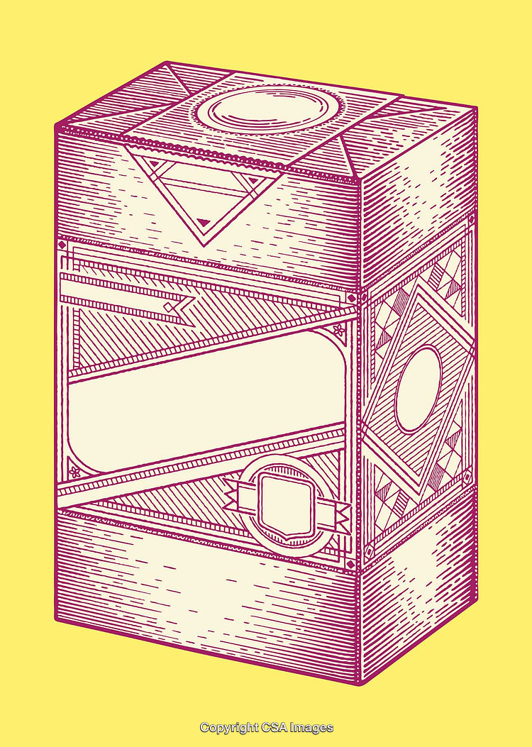 Detailed Line Art Illustration of a Decorative Box on Yellow Background