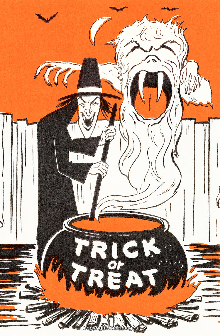 Vintage Halloween Illustration of Witch and Monster by Bubbling Cauldron