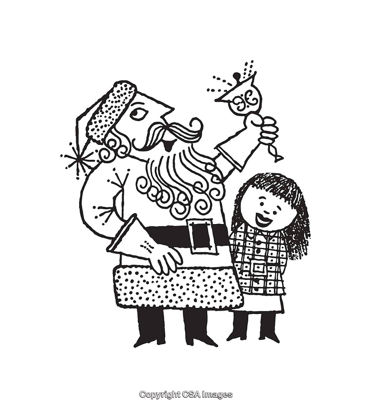 Black and White Illustration of Santa Celebrating with a Joyful Child