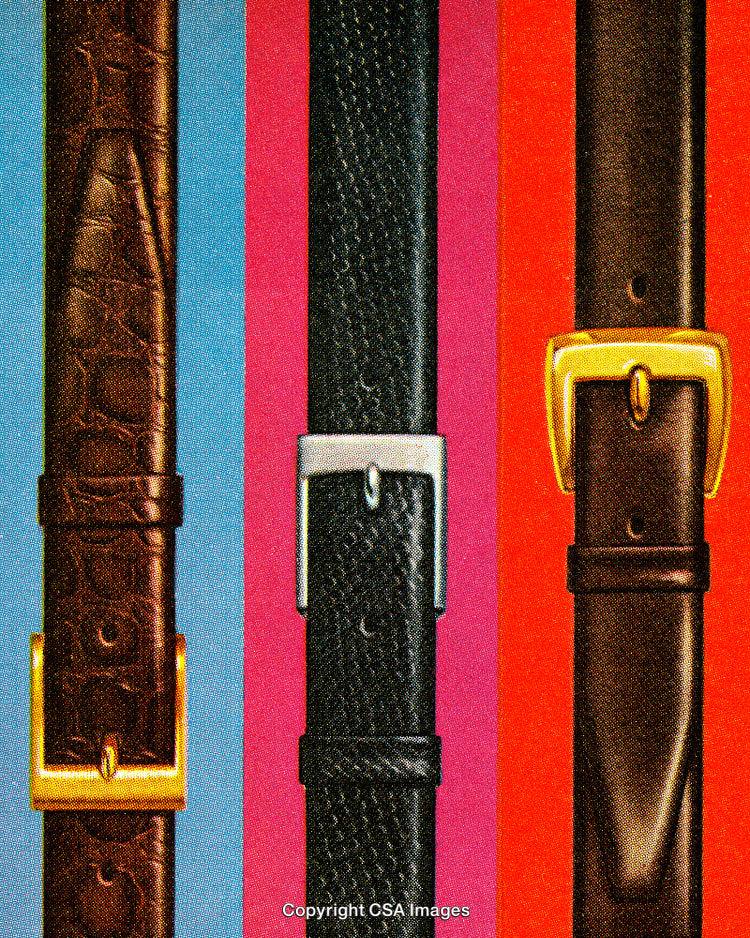 Assorted Leather Belts with Stylish Buckles on Vibrant Colored Backgrounds