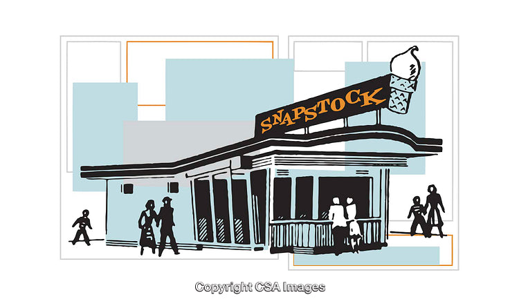 Vintage Illustrated Ice Cream Shop With Families and Retro Design