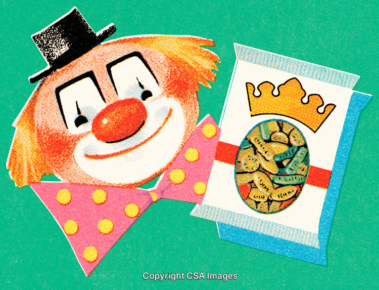 Colorful Illustration of Happy Clown with Snack Packaging on Teal Background