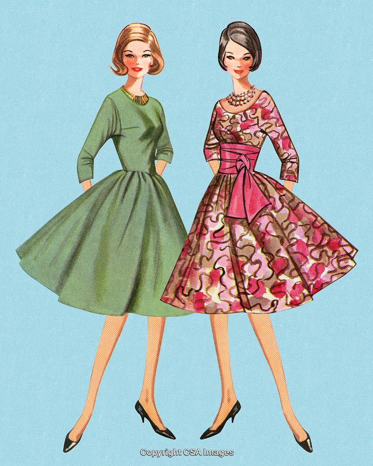 Vintage Fashion Illustration of Women in Elegant Dresses