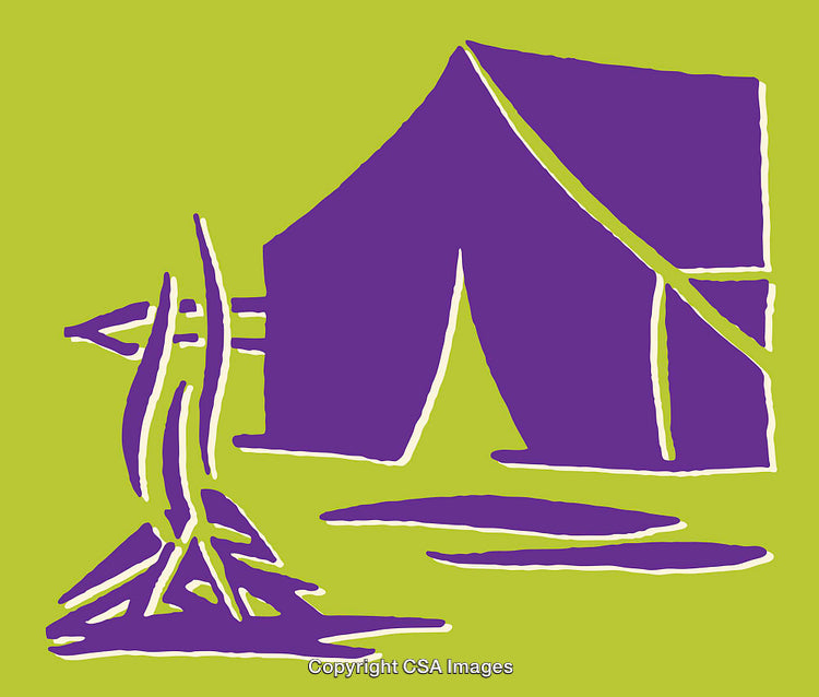 Abstract Violet Tent And Fire Design on Green Background