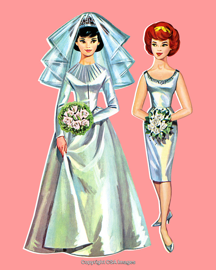 Elegant Vintage Illustration of Bride and Bridesmaid in Wedding Attire