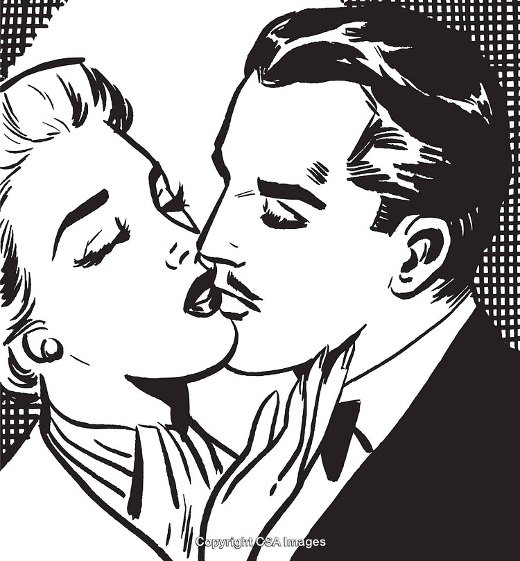 Vintage Pop Art Illustration of a Romantic Couple Sharing a Kiss