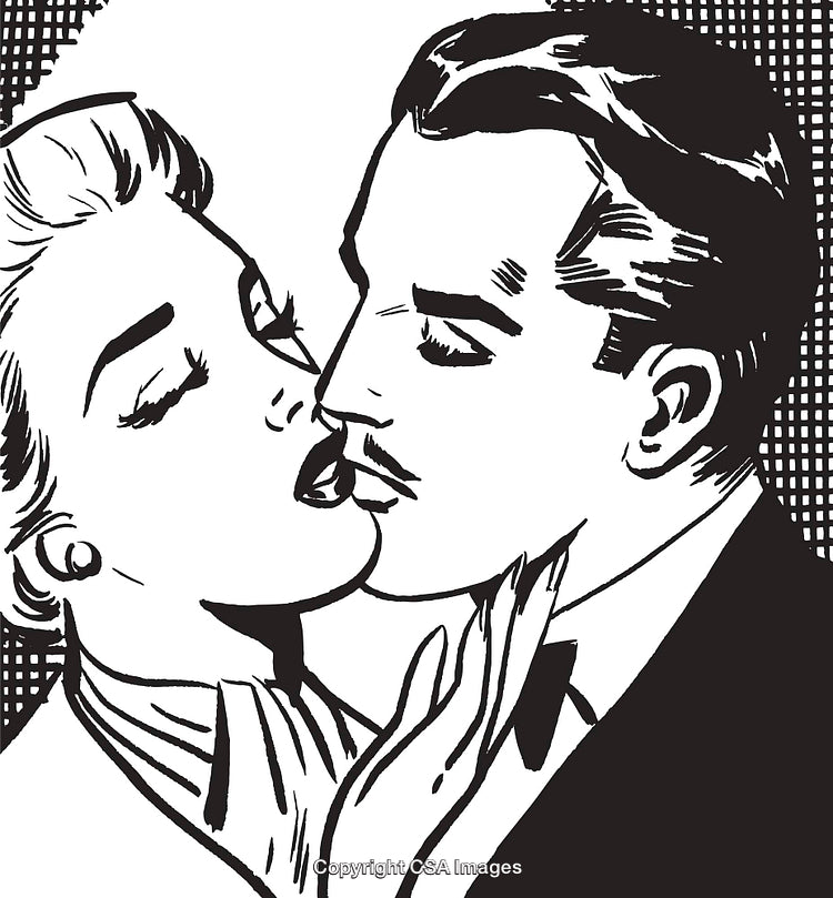 Vintage Pop Art Illustration of a Romantic Couple Sharing a Kiss