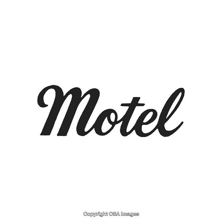 Black Calligraphy Text Spelling the Word Motel on a White Background