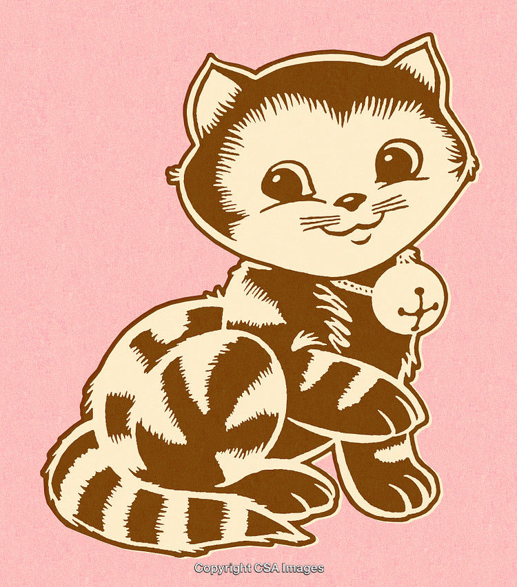 Vintage Illustration of a Cute Kitten on a Pink Background