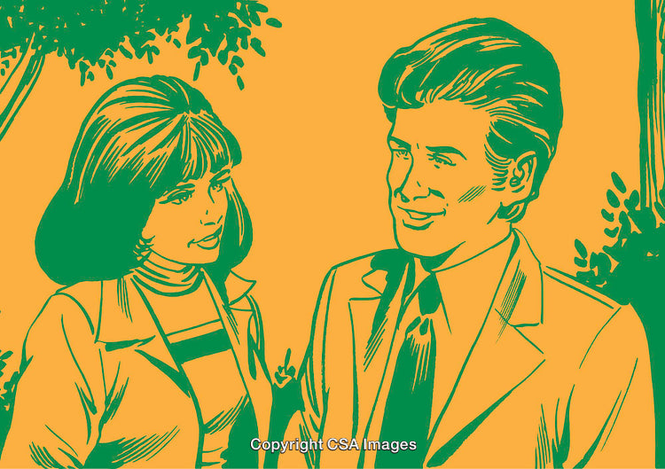 Retro Styled Illustration of a Professional Couple in a Conversation Outdoors