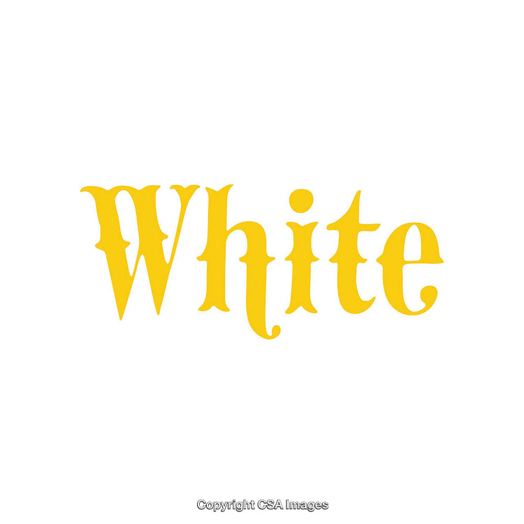 Decorative Yellow 'White' Text with Classic Font Design on White Background