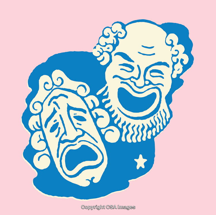 Vintage Theater Masks Illustrating Comedy and Tragedy on Colorful Background