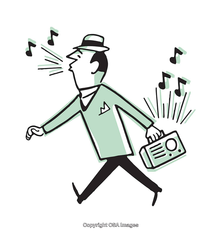 Retro Illustration of A Man Singing While Holding a Radio